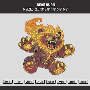 Bear Embroidery Design, Flaming Angry Patch for Machine