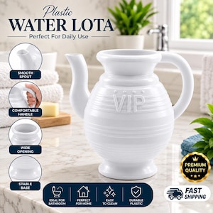 May include: A white plastic water lota featuring a rounded body with horizontal ridges, a curved handle, a spout, and the embossed text VIP on the front. The design includes a wide opening at the top and a stable base, presented with four circular detail insets.