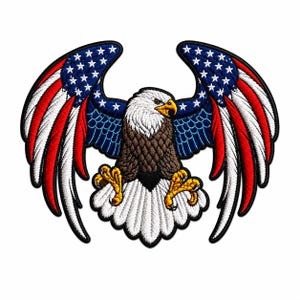 May include: An embroidered patch featuring a bald eagle with wings spread wide. The wings incorporate a red, white, and blue pattern with white stars on a blue field. The eagle has a white head, brown chest, white tail feathers, and yellow talons.