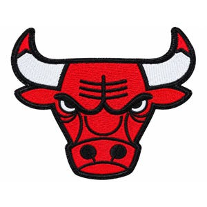 May include: An embroidered patch featuring the Chicago Bulls logo, a stylized red bull head with white horns, black outlines, and black facial details including eyes, nostrils, and forehead lines, set against a plain white background.