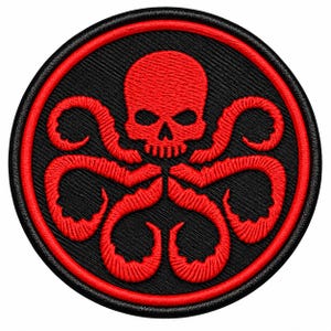 May include: A circular embroidered patch featuring a red skull centered above six red tentacles arranged in a symmetrical pattern. The design is set against a black background and is enclosed within a thick red border and a thin black outer edge.