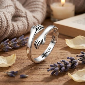 Kramring i 925 sterlingsilver, alltid med dig-ring, justerbar öppen ring, kramhänder-ring, vänskapsring, löfte-ring, gåva för långdistansbruk