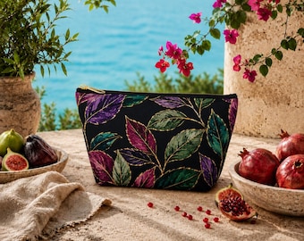 Dark Botanical  Floral Cosmetic Bag |Travel Makeup Pouch | Zipper Accessory Case | T-Bottom | Gift for Her