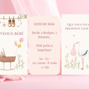May include: Two printable baby posters featuring watercolor illustrations. The left poster shows a cradle, balloons, and baby clothes with the text BIENVENUE BÉBÉ. The right poster shows a stork with a bundle and the text QUE TOUS TES RÊVES PRENNENT LEUR ENVOL. Includes A4, A3, 20x30cm, 8x10in, and 5x7in sizes.