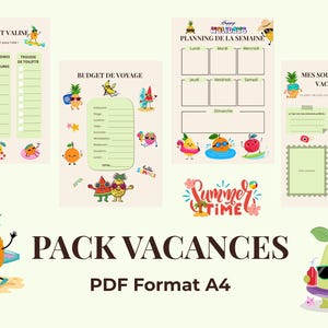 Peut inclure: Un ensemble de quatre feuilles de planification de vacances imprimables au format A4 avec des personnages de fruits dessinés portant des lunettes de soleil. Les pages incluent une liste de valise, un budget, un planning et un journal de souvenirs.