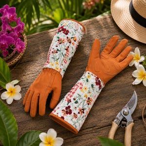 May include: A pair of long-cuffed gardening gloves featuring solid orange palms and fingers with a white fabric cuff printed with a colorful floral pattern of small red, yellow, and green flowers. The gloves have reinforced stitching.