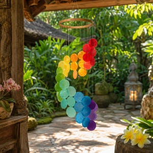 Capiz Shell Wind Chime | Rainbow Seashell Mobile | Colorful Coastal Hanging Decor | Boho Garden Patio Ornament | Beach House Gift