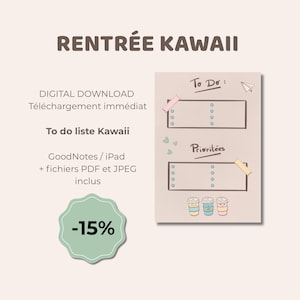 Peut inclure: Une page de planificateur numérique avec le texte RENTRÉE KAWAI, To Do et Priorités. La mise en page comprend deux cases rectangulaires avec des listes à puces, décorées d'un avion en papier, de cœurs et de trois tasses de café colorées.