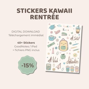Peut inclure: Une planche d'autocollants numériques avec plus de 40 illustrations kawaii sur le thème de l'école et du bureau, incluant un sac à dos, une calculatrice et des tasses. Le texte indique STICKERS KAWAII RENTRÉE, Ma Rentrée Kawaii, At School, At Work, Motivation.