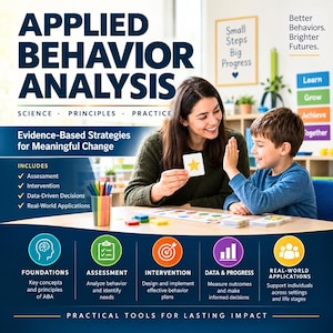 Puede incluir: Un póster educativo titulado Applied Behavior Analysis con texto sobre estrategias basadas en evidencia, evaluación, intervención y decisiones basadas en datos, incluyendo iconos para fundamentos, evaluación, intervención, datos y aplicaciones reales.