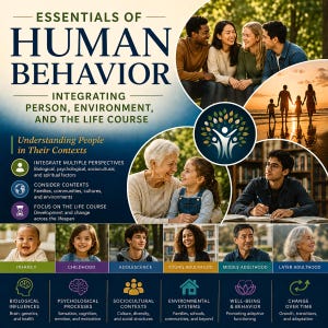 Peut inclure: Une couverture de livre intitulée Essentials of Human Behavior: Integrating Person, Environment, and the Life Course. Elle présente un collage de personnes diverses à différents stades de la vie, une icône d'arbre et des textes sur les facteurs.
