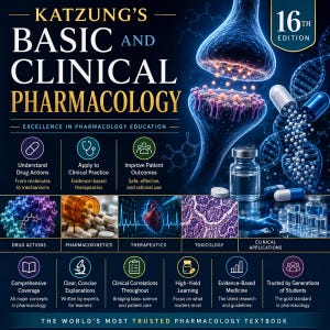 以下が含まれることがあります： Katzung's Basic and Clinical Pharmacology第16版の表紙は、濃い青色の背景に金と白の文字が特徴です。シナプス、DNA鎖、錠剤、人間の心臓の科学的なイラストが描かれています。