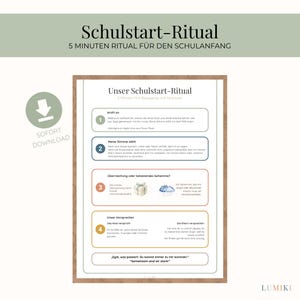 May include: A printable document titled Schulstart-Ritual featuring four numbered steps for a school start routine. The text includes sections on courage, movement, and trust, with icons of a gift and a rain cloud. A download icon is visible.