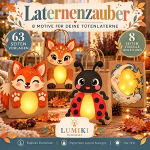 Może przedstawiać: Zestaw papierowych lampionów z motywami zwierzęcymi i niebieskimi. Tekst zawiera napisy "Laternenzauber", "8 Motive für deine Tütenlaterne", "63 Seiten Vorlagen", "8 Seiten visuelle Anleitung" oraz "Lumiki Printables".