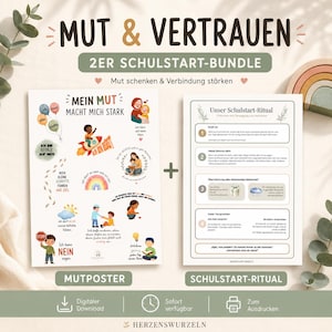 Könnte beinhalten: Ein zweiteiliges Bildungsset bestehend aus einem Poster mit dem Titel MUT & VERTRAUEN mit bunten Kinderillustrationen und motivierenden Texten sowie einem druckbaren Ritualleitfaden für den Schulanfang mit vier Schritten.