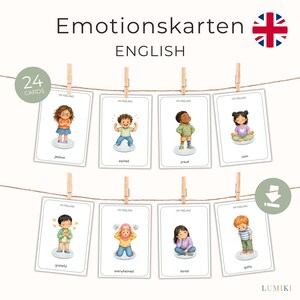 Puede incluir: Un conjunto de 24 tarjetas educativas de emociones colgadas de una cuerda con pinzas de madera. Cada tarjeta blanca presenta una ilustración de dibujos animados de un niño expresando un sentimiento, con el texto I'M FEELING y la emoción.