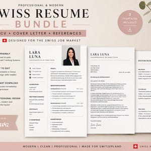 Könnte beinhalten: Ein professionelles Schweizer Lebenslauf-Paket mit Vorlagen für Lebenslauf, Anschreiben und Referenzen. Die Dokumente enthalten schwarzen Text auf weißem Hintergrund mit einem Platzhalter für ein Foto, gegliederte Abschnitte für Profil, Ausbildung und Erfahrung sowie den Titel "SWISS RESUME BUNDLE".