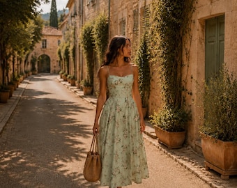 Boho-Maxikleid im Vintage-Stil mit Blumenmuster, Cottagecore-Boho-Kleid, romantisches Landhauskleid, sommerliches Kleid im französischen Landhausstil