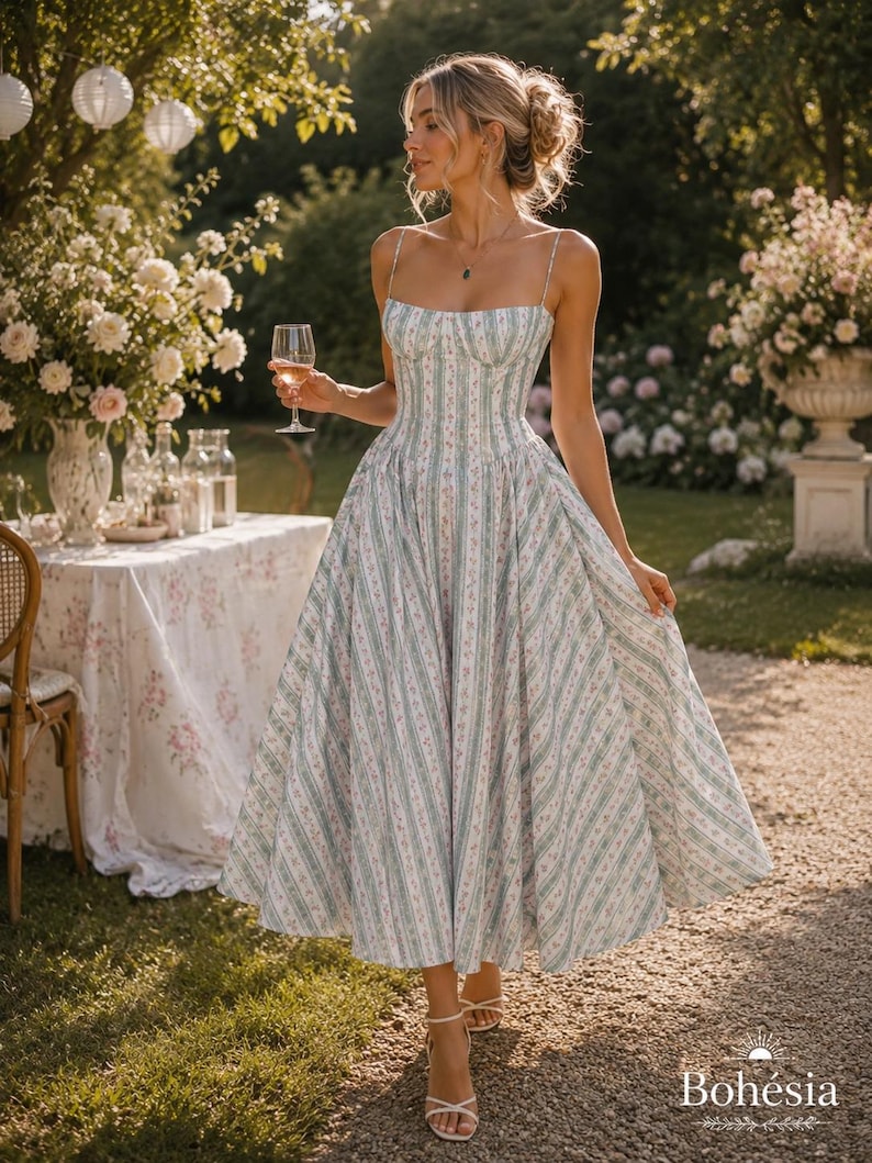 May include: A midi-length dress featuring a white base with vertical light green stripes and small pink floral patterns. The dress has a fitted bodice with a square neckline, thin spaghetti straps, and a full, pleated skirt. The text Boh&eacute;sia is visible.