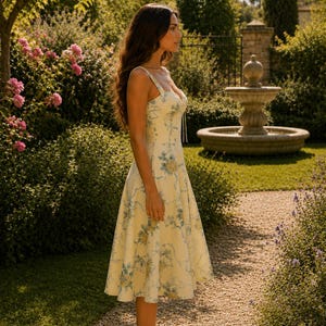 May include: A cream-colored midi dress featuring a blue and yellow floral pattern, a sweetheart neckline, and thin shoulder straps. The dress has a fitted bodice and a flared skirt that falls below the knees, paired with white strappy sandals.