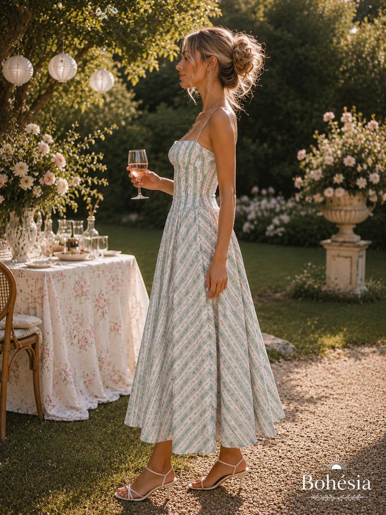 May include: A midi-length dress featuring a white base with vertical stripes in light green and small pink floral patterns. The garment has a fitted bodice with a square neckline, thin spaghetti straps, and a flared skirt. The word Boh&eacute;sia is visible.