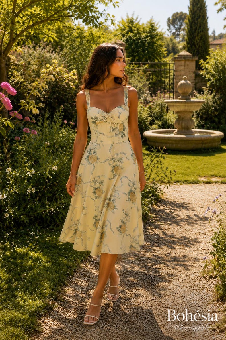 May include: A midi-length dress in a pale yellow hue featuring a blue and yellow floral pattern with ribbon motifs. The garment has a sweetheart neckline, thick shoulder straps, a fitted bodice with a central tie detail, and a flared skirt.