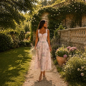 May include: A midi-length dress featuring a sweetheart neckline, thick shoulder straps, and a fitted bodice. The garment is made of a light pink fabric adorned with a delicate floral pattern in shades of purple and green. The word Boh&eacute;sia is visible.
