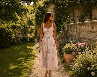Floral Cottagecore Midi Dress, Romantic Prairie Dress, Boho Midi Dress, Wedding Guest Dress, Garden Party Dress, Summer Vacation Dress,