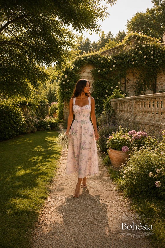 Floral Cottagecore Midi Dress, Romantic Prairie Dress, Boho Midi Dress, Wedding Guest Dress, Garden Party Dress, Summer Vacation Dress,