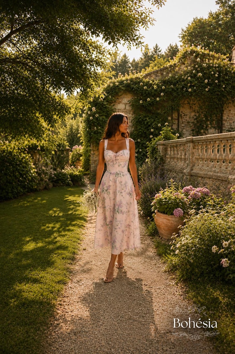 May include: A midi-length dress featuring a sweetheart neckline, thick shoulder straps, and a fitted bodice. The garment is made of a light pink fabric adorned with a delicate floral pattern in shades of purple and green. The word Boh&eacute;sia is visible.