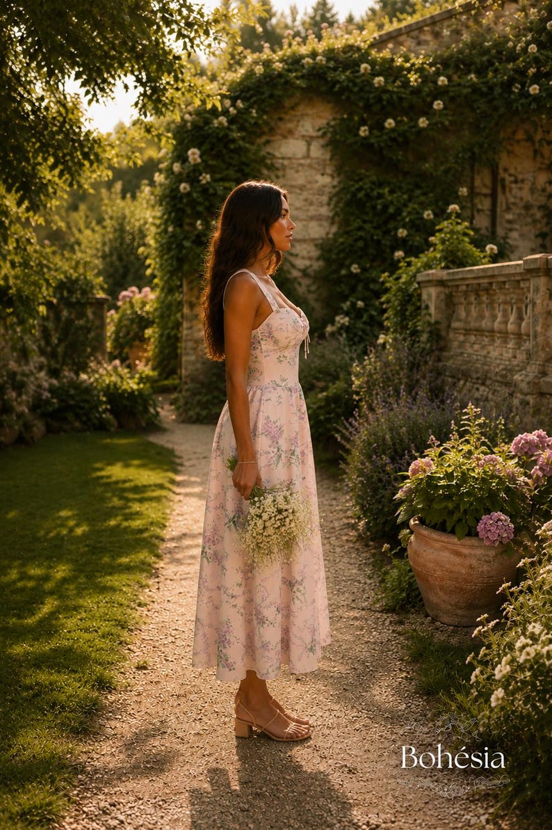 Floral Cottagecore Midi Dress, Romantic Prairie Dress, Boho Midi Dress, Wedding Guest Dress, Garden Party Dress, Summer Vacation Dress, image 3