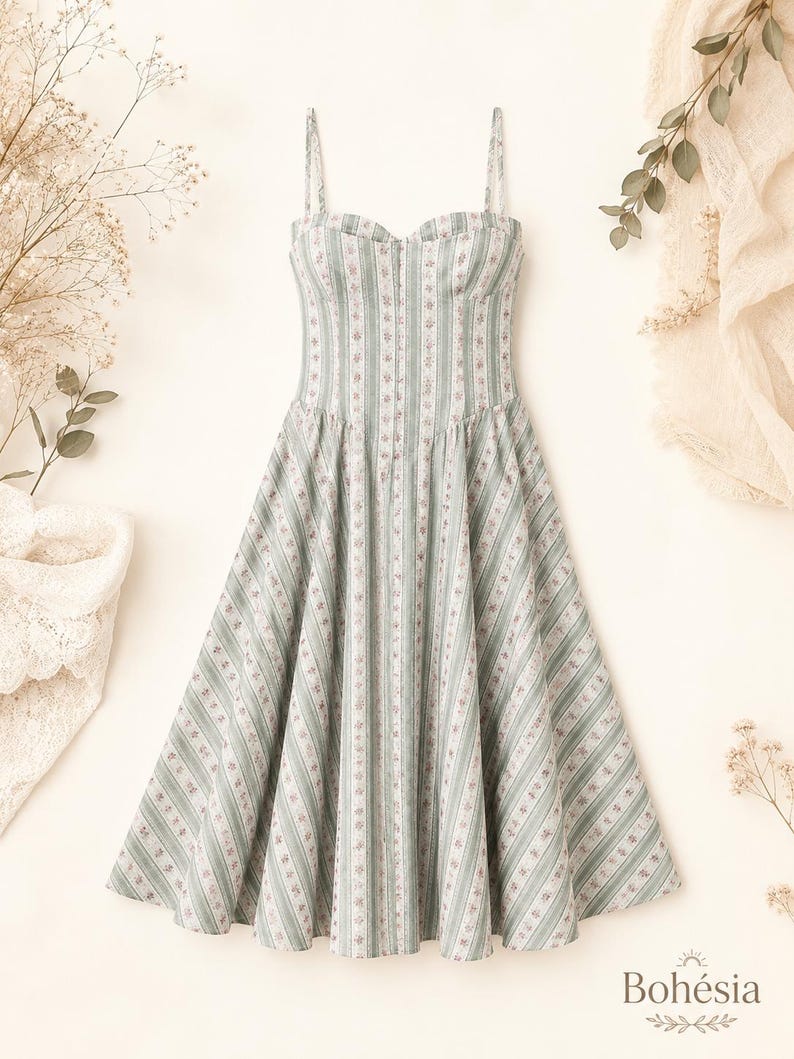 May include: A midi-length dress featuring a sweetheart neckline and thin spaghetti straps. The fabric is light green with vertical white stripes and a delicate floral pattern. The bodice is fitted, transitioning into a flared, pleated skirt.