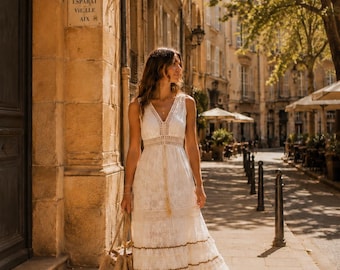 White Lace Boho Dress, Boho Maxi Dress, Beach Vacation Dress, Resort Wear, Bridal Shower Dress, Romantic Summer Dress, Honeymoon Dress
