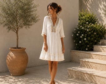 Bohesia White Boho Mini Dress, Embroidered Summer Dress, Bohemian Tunic Dress, Beach Cover Up, Cottagecore Dress, Vacation Outfit, Resort