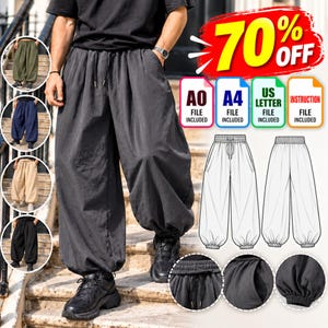 May include: Loose-fitting charcoal gray trousers with an elastic waistband, drawstring, and gathered cuffs. The image includes technical sketches of the pants and text labels for A0, A4, US Letter, and instruction files, plus a 70% off graphic.