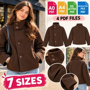 May include: A brown jacket with a high collar, long sleeves, and a button-front closure. The design includes side pockets and a straight hem. The digital product includes 4 PDF files in A0, A4, and US Letter formats, featuring 7 sizes.