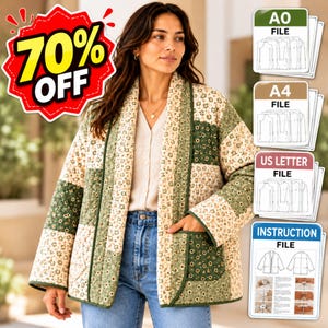 May include: A quilted jacket featuring a patchwork pattern of cream and dark green floral fabric, long sleeves, and two front pockets. The image includes digital icons labeled A0 FILE, A4 FILE, US LETTER FILE, and INSTRUCTION FILE.