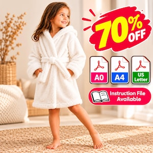 May include: A white hooded bathrobe with a tie belt, featuring a soft, textured fleece-like material. The image includes text graphics stating 70% OFF, A0, A4, US Letter, and Instruction File Available, indicating a digital sewing pattern.