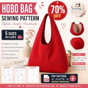 Puede incluir: Un patrón de costura para bolso hobo rojo con el texto HOBO BAG SEWING PATTERN, 5 SIZES INCLUDED y 70% OFF. La imagen muestra un bolso hobo rojo, recuadros circulares con el interior y la base, y diagramas de diseño para A4, US Letter y A0.