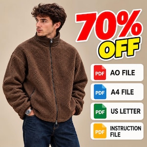 May include: A brown fleece zip-up jacket with a high collar, worn with dark blue jeans. The image includes text stating 70% OFF and lists PDF AO FILE, PDF A4 FILE, PDF US LETTER, and PDF INSTRUCTION FILE as available digital download formats.