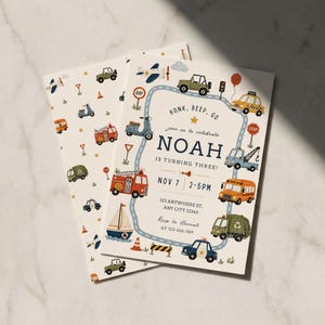 Boy’s Transportation Vehicle Birthday Invitation, Honk Beep Choo, Cars, Train Trucks Birthday Invite, Editable Canva Template, Party Decor