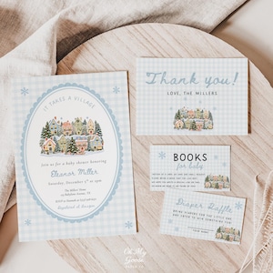 Puede incluir: Un set de invitaciones para baby shower con patrón de cuadros vichy azul claro, copos de nieve y una ilustración de pueblo colorido. Las tarjetas incluyen texto para invitación, agradecimiento, petición de libros y rifa de pañales.