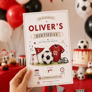 Soccer birthday invitation template editable in Canva featuring a football theme for boys' birthday parties and first birthday celebrations.