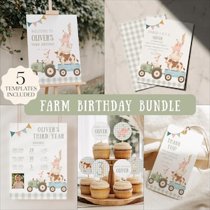 Puede incluir: Un paquete de fiesta de cumpleaños con temática de granja que incluye cinco plantillas con ilustraciones en acuarela de animales de granja en un tractor verde y un remolque azul. Incluye letrero, invitación, tablero y decoraciones.