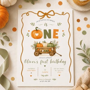 Editable First Birthday Our Little Pumpkin is One Invitation, Autumn Fall Halloween Boho 1st birthday Invite Digital Download Printable Cute