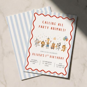 Puede incluir: Una tarjeta de invitación de cumpleaños con un borde ondulado rojo y rayas azul claro en el reverso. El frente muestra animales en acuarela tocando instrumentos con el texto CALLING ALL PARTY ANIMALS! JOIN US TO CELEBRATE OLIVER'S 1ST BIRTHDAY, SATURDAY, NOVEMBER 1ST, 2PM, 123 ANYWHERE ST, ANY CITY 12345, RSVP TO HANNAH AT 123-456-789.