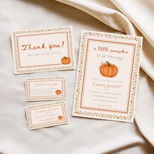 A Little Pumpkin Is On The Way Fall Baby Shower Invitation Bundle Set, Editable Orange Watercolor Floral Autumn Baby Invite Digital Download