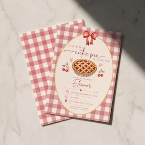 Digital Fall Cutie Pie Baby Shower Invitation, Cutie Pie Canva Template Invite, Autumn Boho Pie Baby Shower Decor, Pink gingham, Cherry pie