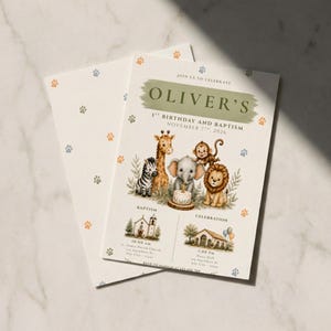 Puede incluir: Una tarjeta de invitación rectangular con el texto OLIVER'S 1ST BIRTHDAY AND BAPTISM NOVEMBER 7TH, 2026. El diseño incluye ilustraciones en acuarela de una cebra, jirafa, elefante, mono y león, además de una iglesia y un salón de fiestas.