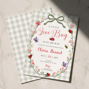 Invitation pour baby shower sur le thème des coccinelles, personnalisable, avec un thème champêtre et fleuri. Téléchargement numérique.